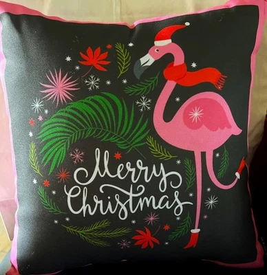 Almohada Decorativa Feliz Navidad Flamenco Rosa Gris 14 x 14" Cuadrada Foto 1 de 3