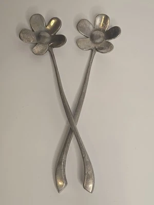 Vintage Hand Cast Metal Serving Spoons  Long Stem Flower Functional Kitchen Art - Image 1 of 4
