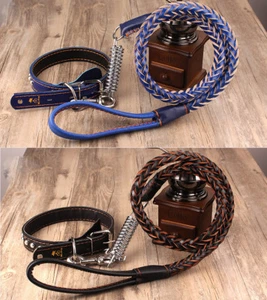 New Dog Collar Set Hand Crafted Braided Genuine Leather Dog Collar & Leash Lead - Picture 1 of 7