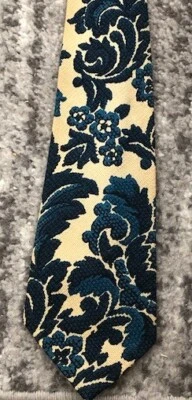 Винтажный галстук 1960-е дамасский синий кремовый завиток оригинальный мужской медальон психоделический - Изображение 1 из 4