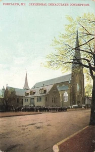 Portland ME Cathedral Immaculate Conception Gramma School In Front Postcard - Picture 1 of 2