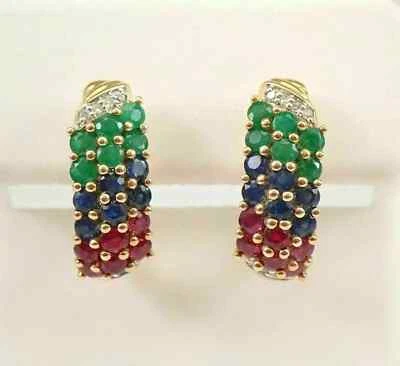 2.50Ct Round Cut Lab Created Emerald Ruby Earrings  14K Yellow Gold Plated - Image 1 of 4