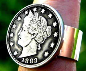 Signet sterling silver ring authentic 1883 Liberty V Nickel coin 6 to 12 size - Picture 1 of 6