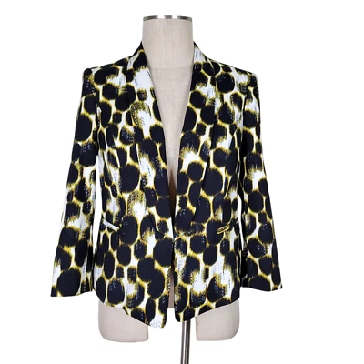 Kasper Blazer Size 4 Black White Yellow Geometric Hook Eye Pockets Lightweight - Image 1 of 4