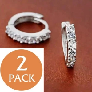 2x 925 Sterling Silver Plated CZ Cubic Huggie Hoop Small Outside Earrings Women - Picture 1 of 4
