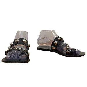 Sandro Paris women's black leather round studded flat slip on sandals sz 37 - Picture 1 of 8