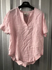 Marks & Spencer Pure Linen Short Sleeve Top Blouse UK 10 Pink Mix Striped - Picture 1 of 10