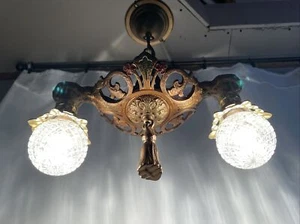 Antique Vtg Arts Crafts Deco Mission Chandelier Polychrome Hanging Light Fixture - Picture 1 of 24