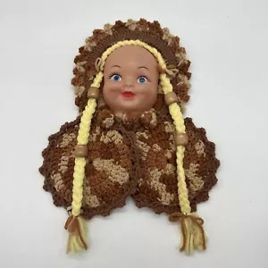 Vtg Rubber Doll Face Crochet Pot Holder Brown & Yellow 70’s Wall Decor - Picture 1 of 8