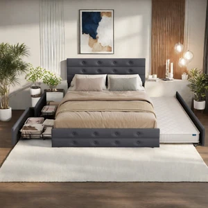 Queen Size Platform Bed Frame with 2 Storage Drawers and a Twin Size Trundle - Picture 1 of 16
