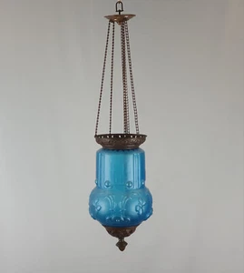 Antique Art Nouveau blue glass hanging candle lantern, 19thC - Picture 1 of 4