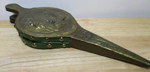 Antique Fireplace "ELPEC" Bellows Hammered Brass/Wood/Leather England Rare 14'' - Picture 1 of 11