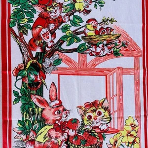 Asciugamano da tè cucina cotone vintage gatti conigli uccellini luminosi estate frutta floreale - Foto 1 di 3