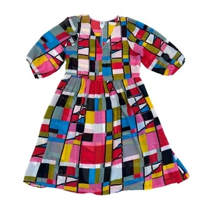 Altar Houseline Monique Dress Bauhaus Print Colorful Geometric Chiffon V Neck M - Picture 1 of 14