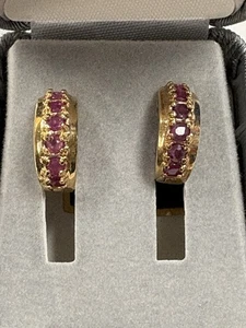 18K Gold plated Over Sterling 925 Lab Created Ruby Hinged-post Hoop Earrings - Picture 1 of 8