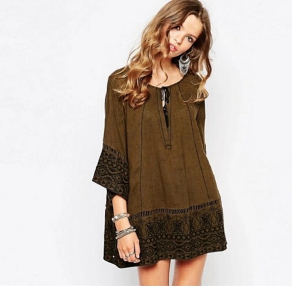 Mini vestido túnica para mujer Free People Counting Stars L verde oliva bordado Foto 1 de 4