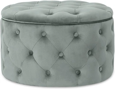 Modern 24.8 Inch round Storage Ottoman, Button Tufted Upholstered Ottoman with R - Image 1 of 4