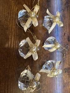 6 Piece Clear Acrylic Diamond Gem Shaped Christmas Ornaments Ribbon Faux Pearl - Picture 1 of 4