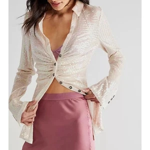 Top Free People Champagne Dreams Lentejuelas Festivo Con Botones Manga Larga - Imagen 1 de 12