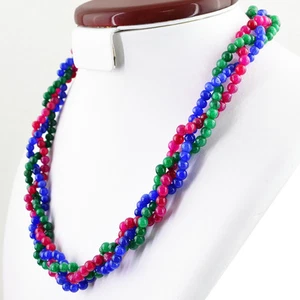 BEAUTIFUL EARTH MINED ENHANCED RUBY, EMERALD & SAPPHIRE ROUND BEADS NECKLACE - Picture 1 of 3