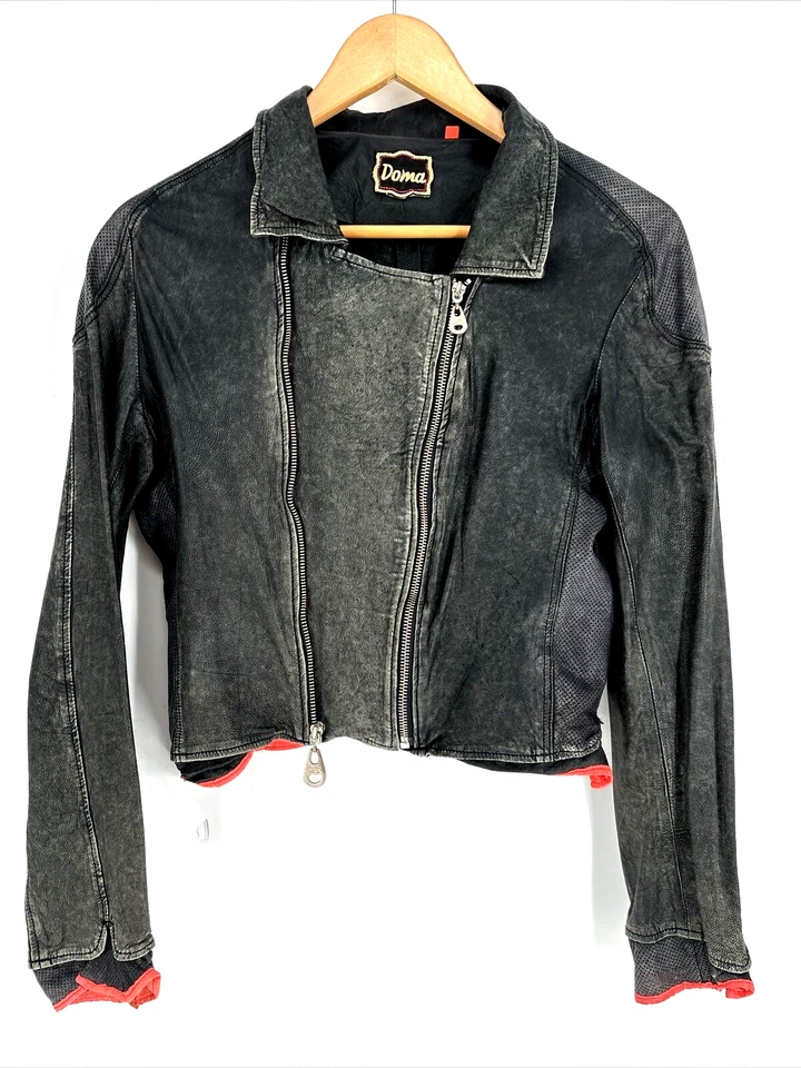 VTG 90s DOMA Black Luxury Leather Moto Jacket Cropped Coat Bomber Full Zip Sz 2 - Image 1 of 4