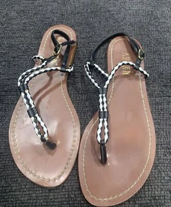Lauren Ralph Lauren Womens Sandal Size 6 Black White Braided Strap Thong Flats - Picture 1 of 3