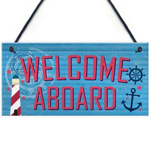 Welcome Aboard Nautical Seaside Marine Theme Gift Hanging Plaque Bathroom Sign - Picture 1 of 6