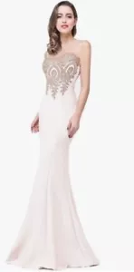 Elegant White Mermaid Gown/Dress Gold Lace Appliqué & Sheer Neckline Size M - Picture 1 of 13