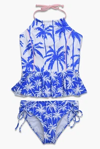 Hobie L4079 Girls Blue Miami Palm High Neck Peplum Tankini Swim Set Size 8 - Picture 1 of 4