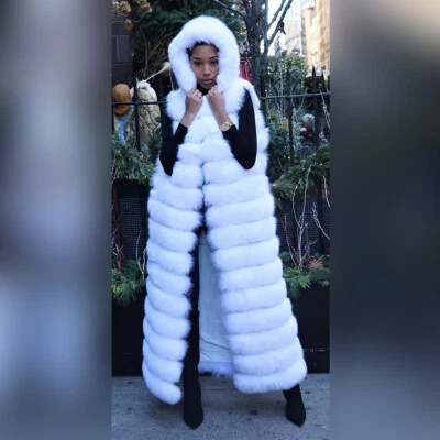 Women Hot Genuine Silver Fox Fur Hood Waistcoat Real Fur Full Length Vest Gilets - Image 1 of 4