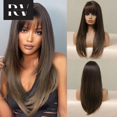 Peluca sintética larga recta con flequillo para mujer negro oscuro marrón pelucas en capas Foto 1 de 4