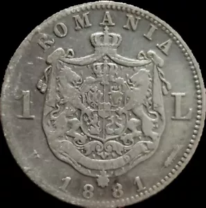 1881 Romania 1 Leu Silver.King Carol I Scarce - Picture 1 of 2