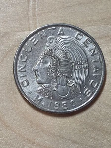 Mexico 50 centavos coin, 1980. KM# 452, copper-nickel. King Cuauhtemoc. - Picture 1 of 4