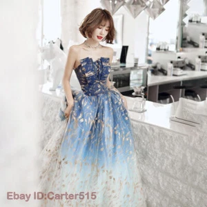 Trendy Off Shoulder Gradient Blue Tulle Evening Dresses Cocktail Party Prom Gown - Picture 1 of 12