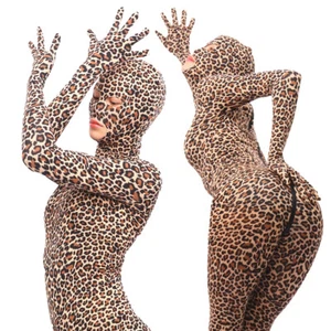 Full Body Stocking Leopard Print Bodysuit Catsuit with Gloves Mask Hood Zentai - Picture 1 of 11