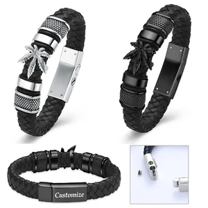 Marijuana Leaf Locket Braided Leather Funeral Urns Bracelet for Cremation Ashes - Picture 1 of 7