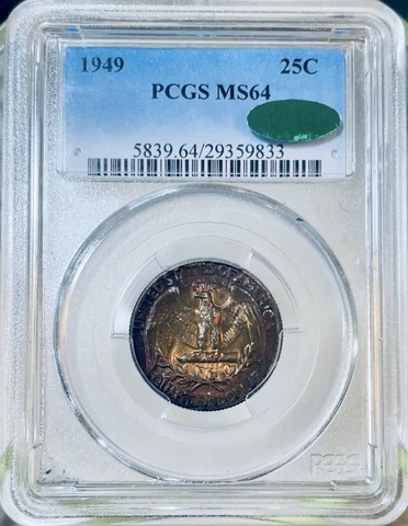 1949 Washington Quarter, PCGS MS-64, CAC Approved, Reverse Front Holder'd Cover