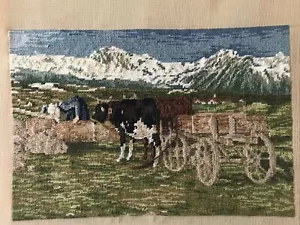 Unfinished TRAMME Tapestry Canvas In The Fields scenery - pastoral - Cows- Cart - Picture 1 of 12