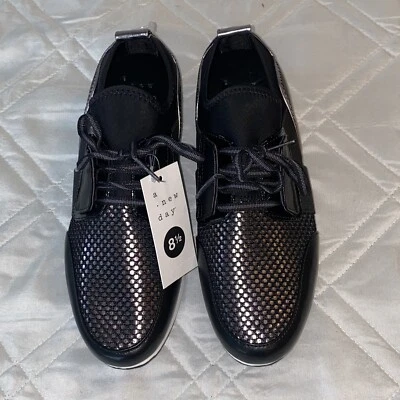A New Day Target Black Silver Metallic Women’s Sneakers Lace Up Size 8.5 New - Image 1 of 4
