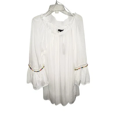 Grace Elements Lg Blouse White Peasant Bell Cuffs Pom Pom Trim On Off Shldr NWT - Image 1 of 4
