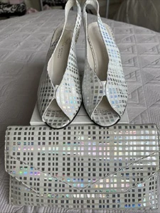 SABRINA CHIC LEATHER SILVER CUBE STILLETO SLING BACKS + MATCHING CLUTCH - Picture 1 of 19
