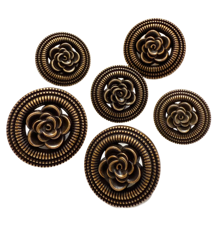 5PC Antiqued Bronze Rose Floral Metal Buttons Shank Buttons 25mm - Image 1 of 4