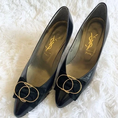 Women 5.0US Vhtf Yves Saint Laurent Leather Logo Ribbon Pumps Black Luxury Sleek - Image 1 of 4
