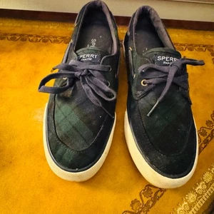 Sperry Womens Green Navy Plaid Topsiders Boat Deck Canvas Preppy Slip on Shoe 8 - Picture 1 of 6
