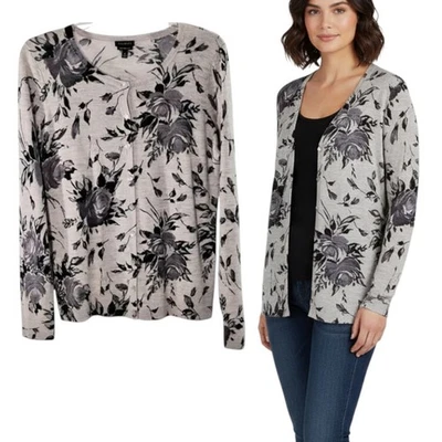 Cárdigan de lana merino pura Talbots para mujer talla M gris floral suéter con botones Foto 1 de 4