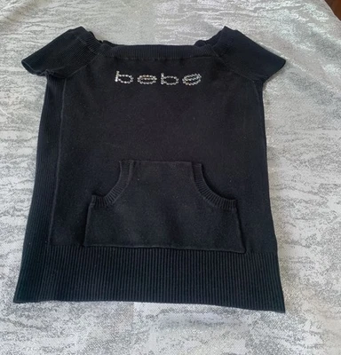 Top acanalado vintage BEBE cristal Swarovski estrás logotipo negro manga corta Y2K Foto 1 de 4