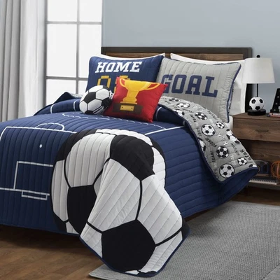 Soccer Game Reversible Oversized Kids 5 Piece Quilt Set, Full/Queen, Navy & Gray - Image 1 of 4