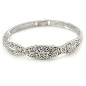 Clear Crystal 'Plaited' Bangle Bracelet In Silver Tone - 18cm L - Picture 1 of 6