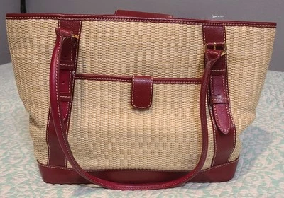 Bolso de Hombro Maxx New York Tejido de Paja Cuero Rojo Borde Doble Asas 3 Bolsillos Foto 1 de 4