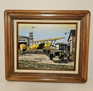 H. Hargrove Wood Framed Signed Serigraph Oil Painting Air Mail Biplane Hangar - Picture 1 of 15